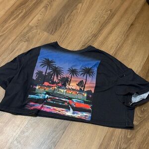 Oversized Black Cropped T-Shirt with Diner Graphic